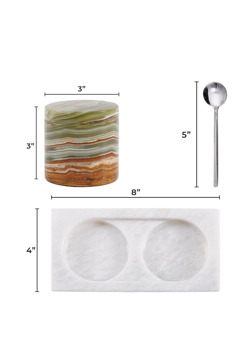 Radicaln Marble Salt Cellar With Lid & Tray White and Green Handmade Salt Bowl And Sugar Bowl - Set Of 2 Spices Container Set For Kitchen Storage - Brown Sugar Keeper