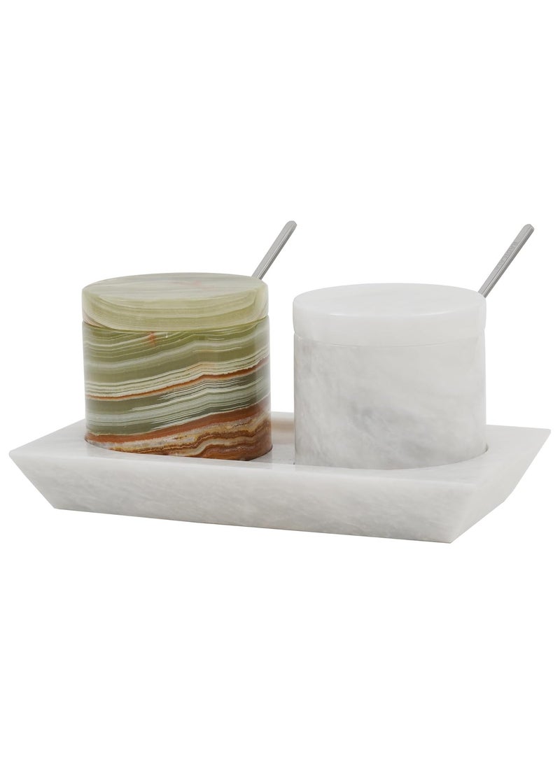 Radicaln Marble Salt Cellar With Lid & Tray White and Green Handmade Salt Bowl And Sugar Bowl - Set Of 2 Spices Container Set For Kitchen Storage - Brown Sugar Keeper