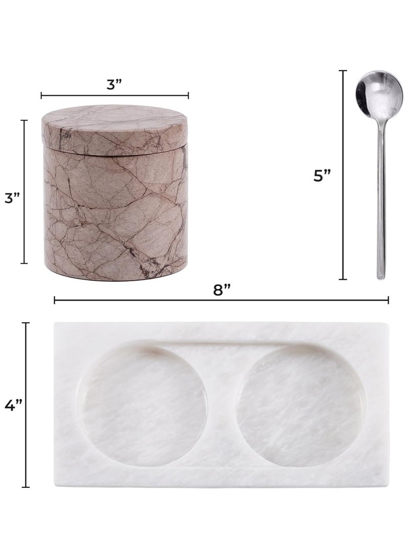 Radicaln Marble Salt Cellar With Lid & Tray White And Marinara Handmade Elegant Sugar Container And Salt Container Set of 2 For Kitchen Storage - Spice Jars For Seasoning