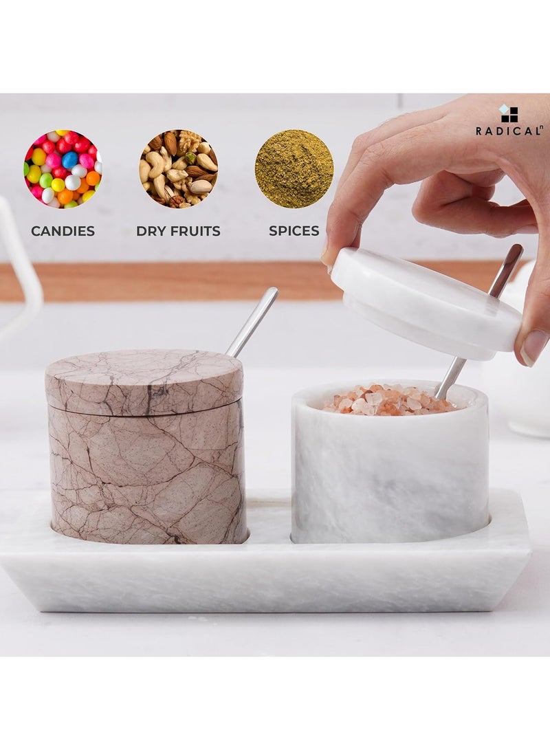Radicaln Marble Salt Cellar With Lid & Tray White And Marinara Handmade Elegant Sugar Container And Salt Container Set of 2 For Kitchen Storage - Spice Jars For Seasoning