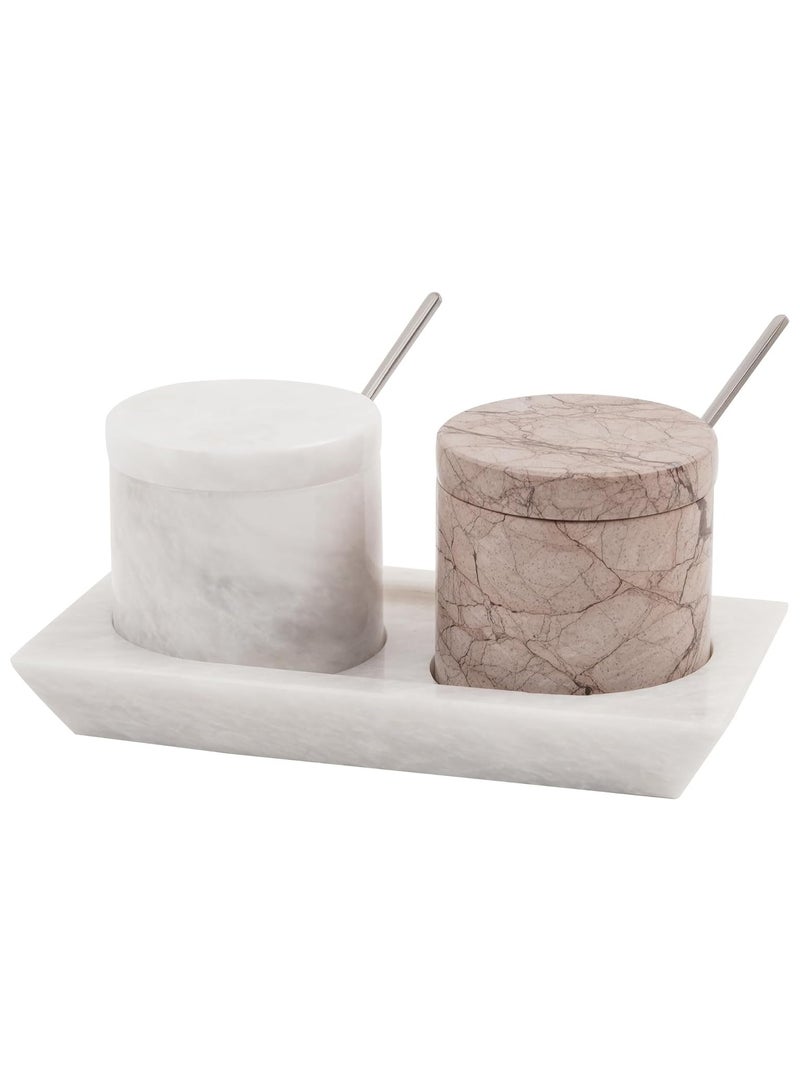 Radicaln Marble Salt Cellar With Lid & Tray White And Marinara Handmade Elegant Sugar Container And Salt Container Set of 2 For Kitchen Storage - Spice Jars For Seasoning