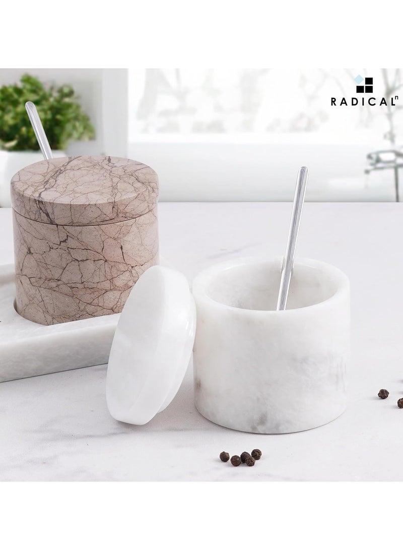 Radicaln Marble Salt Cellar With Lid & Tray White And Marinara Handmade Elegant Sugar Container And Salt Container Set of 2 For Kitchen Storage - Spice Jars For Seasoning
