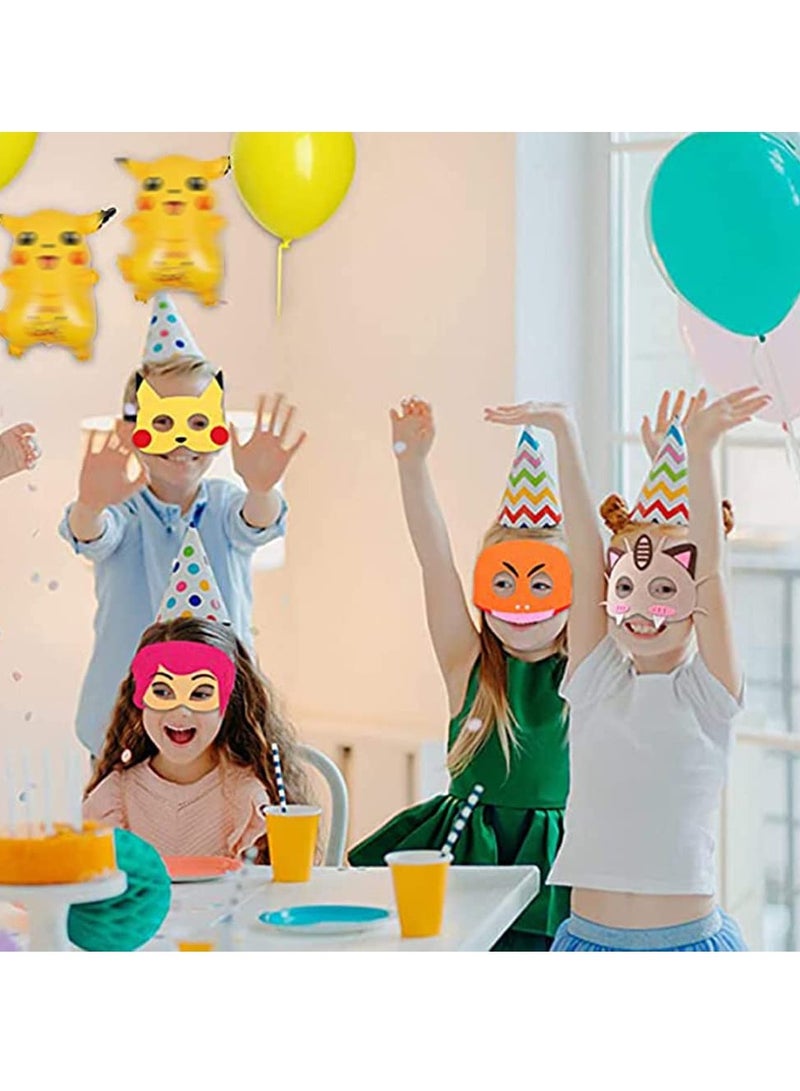 Anime kemon birthday party supplies, 12pcs pika theme blanket mask, suitable for children's role playing decorations and Red Blue Black Green Pink 6.7x5.5x0.2