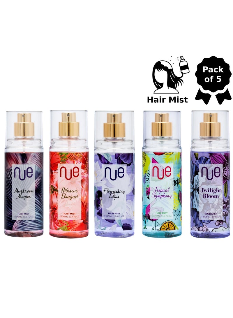 Pack of 5 Nue Hair Mist Fine Fragrance Perfumed Hair Spray for Women 100ml Each