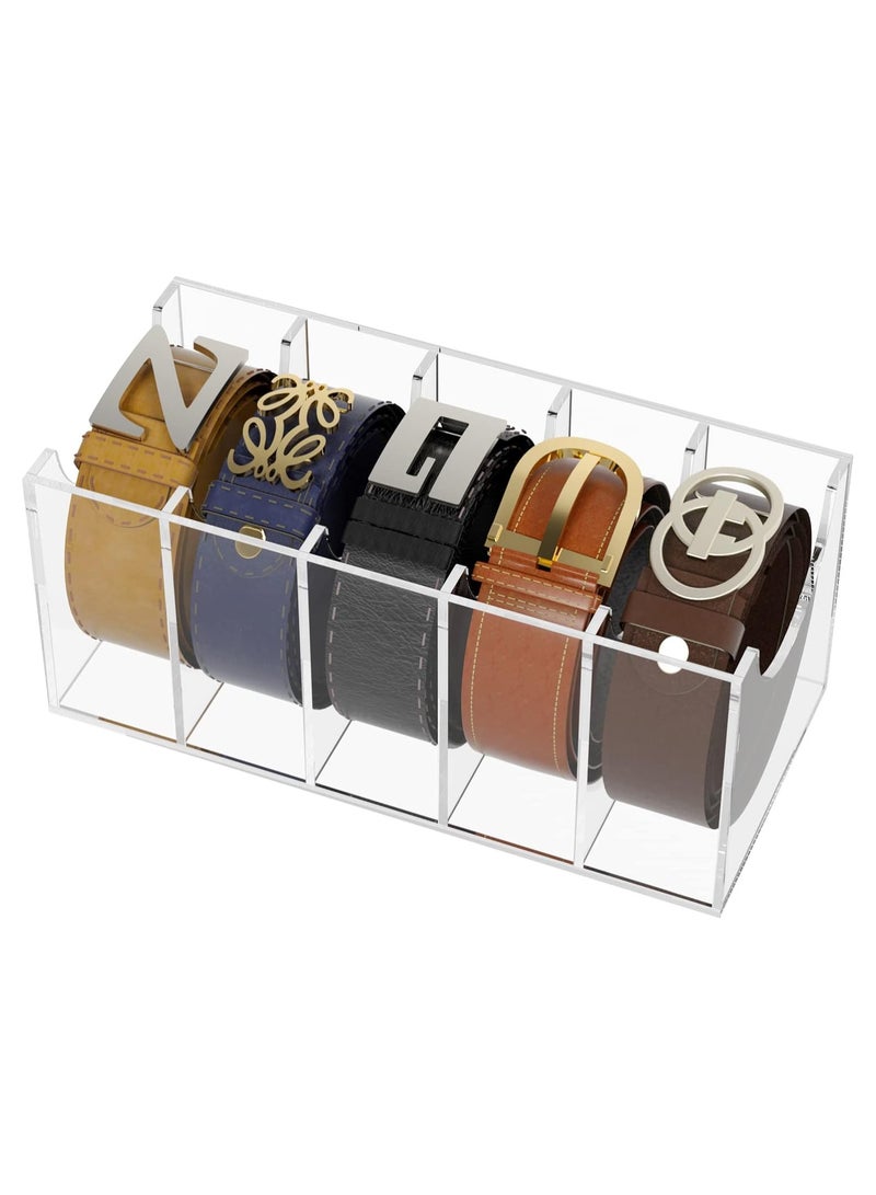 Belt Organizer, Acrylic 5 Compartments Belt Container Storage Holder, Clear Belt Display Case for Closet Tie and Bow Tie, One Size