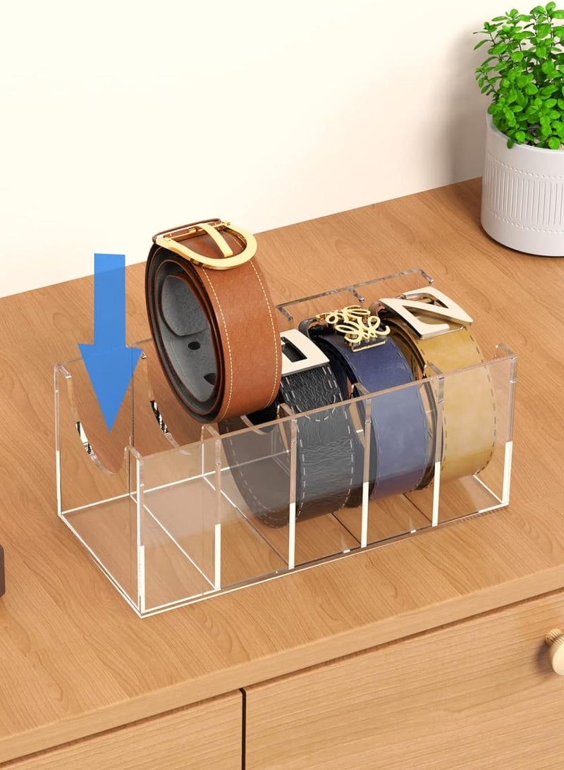 Belt Organizer, Acrylic 5 Compartments Belt Container Storage Holder, Clear Belt Display Case for Closet Tie and Bow Tie, One Size