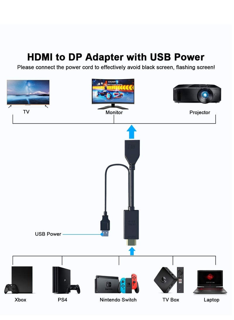 HDMI to DP Converter Cable, HDMI to DisplayPort Adapter 4K 60Hz, Active HDMI 2.0 to Display Port Connector for Xbox PS4, Supports 1080P 144Hz Video Output