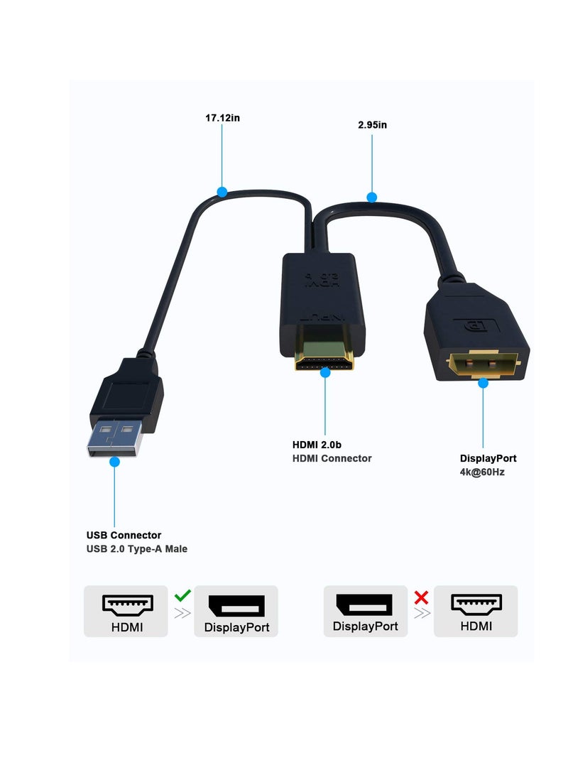 HDMI to DP Converter Cable, HDMI to DisplayPort Adapter 4K 60Hz, Active HDMI 2.0 to Display Port Connector for Xbox PS4, Supports 1080P 144Hz Video Output