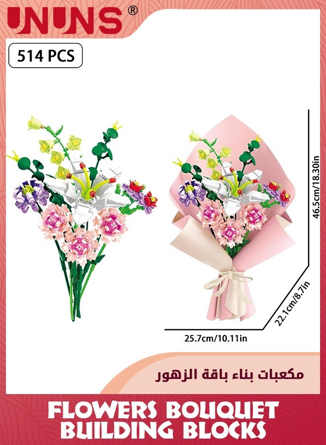 Flower Bouquet Building Blocks Kits,Pink Dianthus Lily Creative Toys Sets For 6+ Kids,Creativity Artificial Flower With Lights,Birthday Aniversary Gifts For Girls Adult Home Decor,514 Pieces