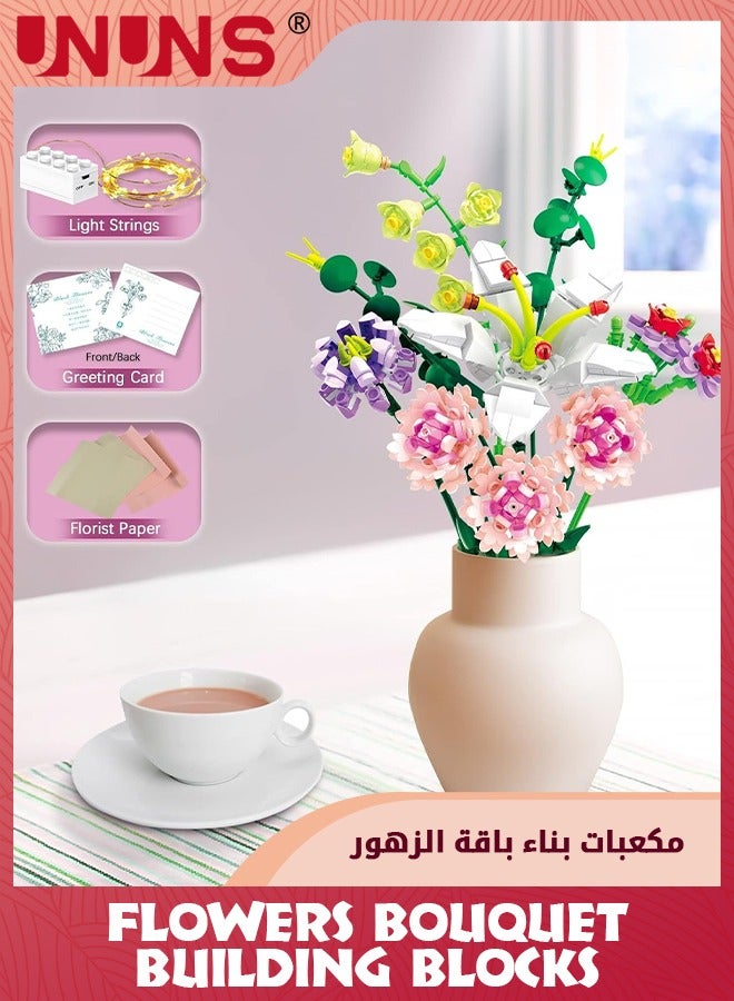 Flower Bouquet Building Blocks Kits,Pink Dianthus Lily Creative Toys Sets For 6+ Kids,Creativity Artificial Flower With Lights,Birthday Aniversary Gifts For Girls Adult Home Decor,514 Pieces