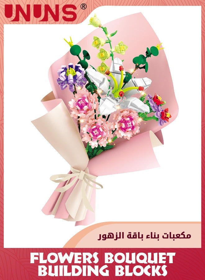 Flower Bouquet Building Blocks Kits,Pink Dianthus Lily Creative Toys Sets For 6+ Kids,Creativity Artificial Flower With Lights,Birthday Aniversary Gifts For Girls Adult Home Decor,514 Pieces