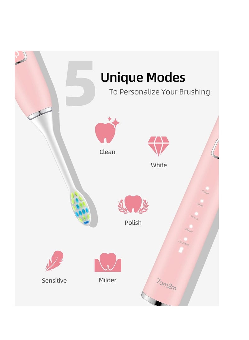 7AM2M Sonic Electric Toothbrush with 6 Brush Heads for Adults and Kids, One Charge for 90 Days, Wireless Fast Charge, 5 Modes with 2 Minutes Built in Smart Timer, Electric Toothbrushes(Pink)