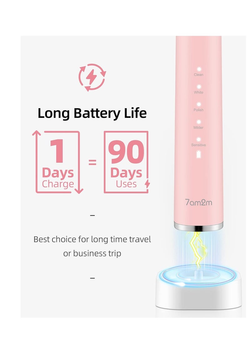 7AM2M Sonic Electric Toothbrush with 6 Brush Heads for Adults and Kids, One Charge for 90 Days, Wireless Fast Charge, 5 Modes with 2 Minutes Built in Smart Timer, Electric Toothbrushes(Pink)