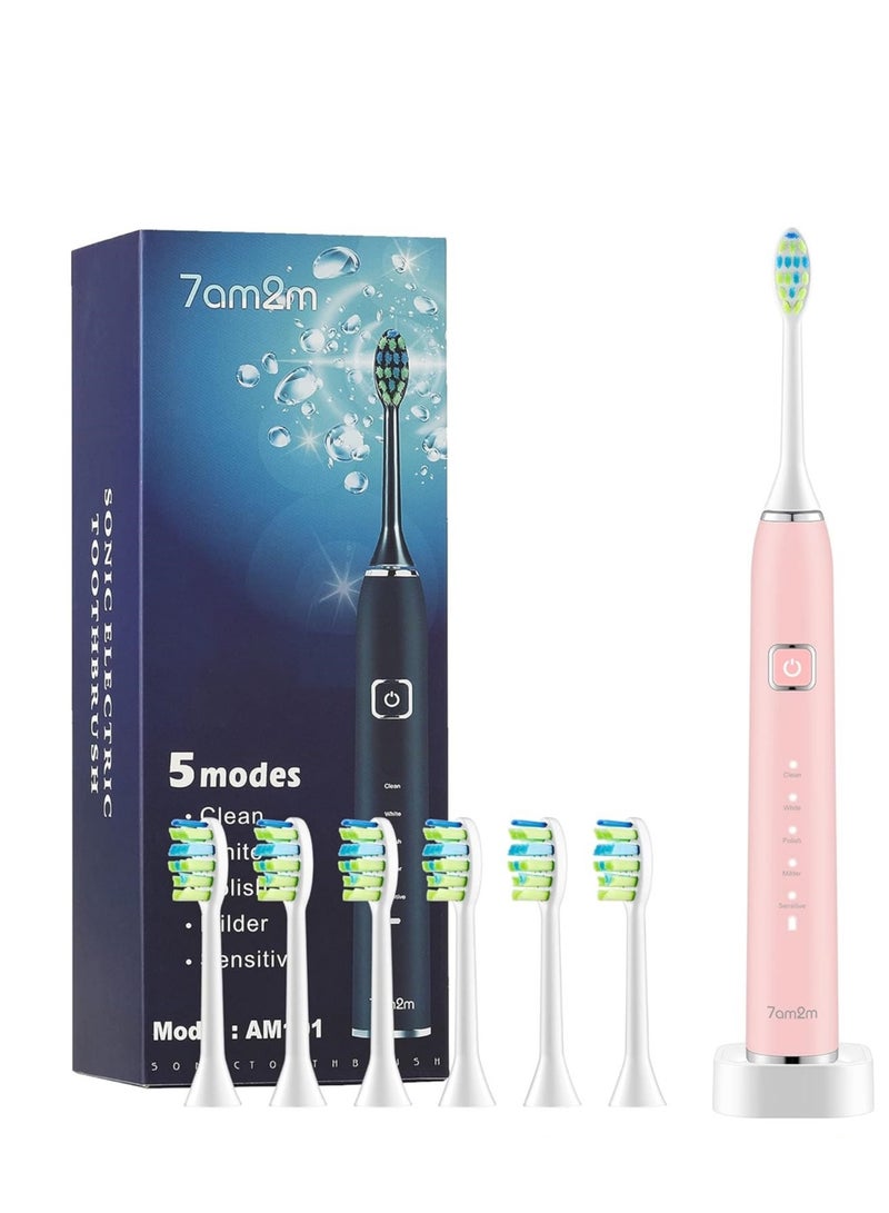 7AM2M Sonic Electric Toothbrush with 6 Brush Heads for Adults and Kids, One Charge for 90 Days, Wireless Fast Charge, 5 Modes with 2 Minutes Built in Smart Timer, Electric Toothbrushes(Pink)