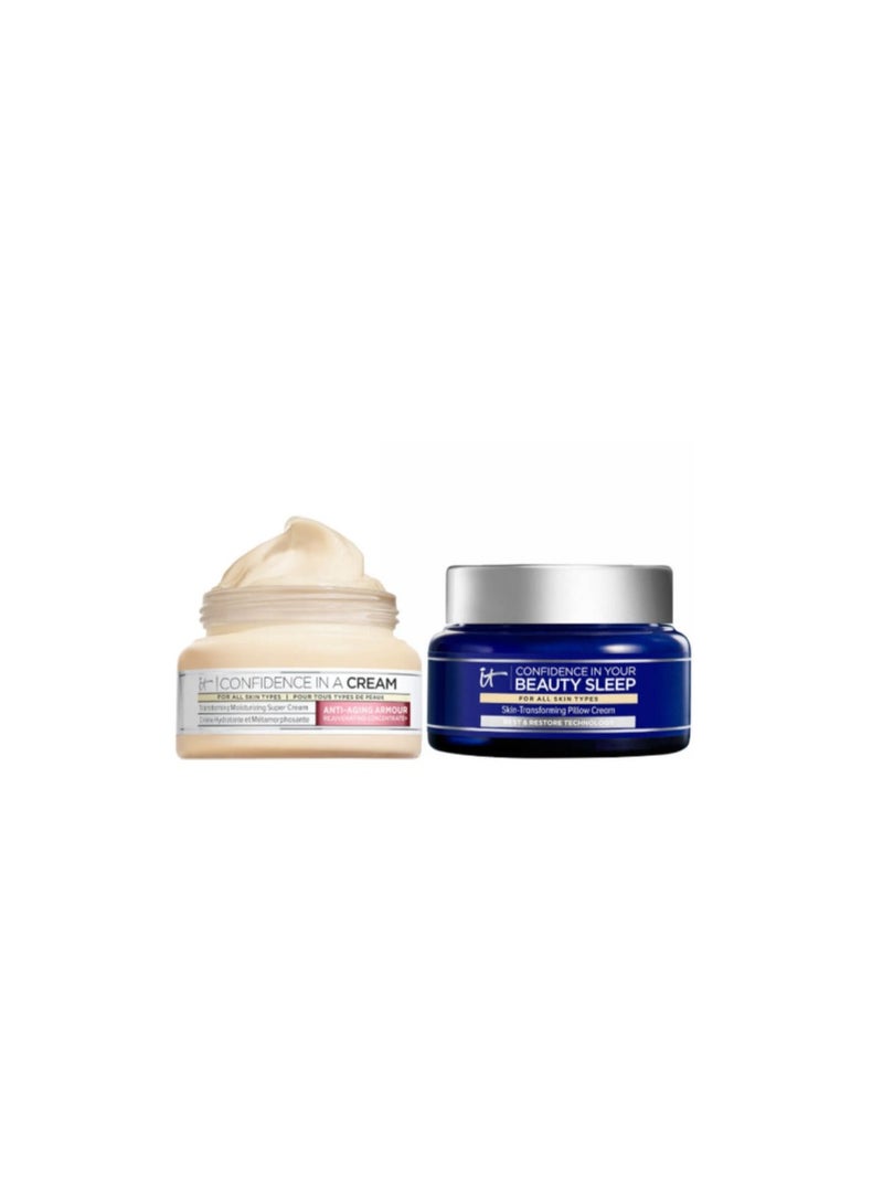 IT COSMETICS CONFIDENCE IN A CREAM HYDRATING MOISTURISER AND CONFIDENCE IN YOUR BEAUTY SLEEP 60ML DUO