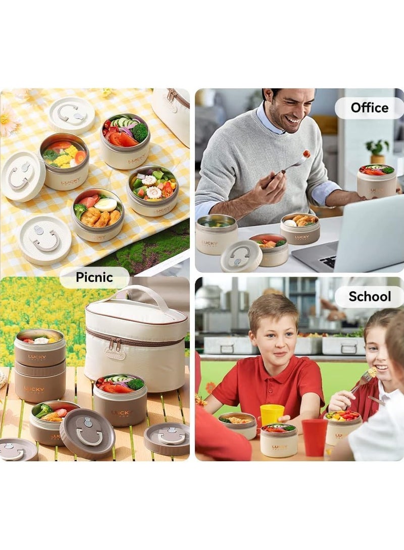 Kids Thermal Bento Lunch Box Set for School, Insulated Lunch Containers With Bag,3 Separate Stackable Lunch Container, Microwaveable Lunch Box Bento Box for Adults & Kids (3-Layer, Coffee)