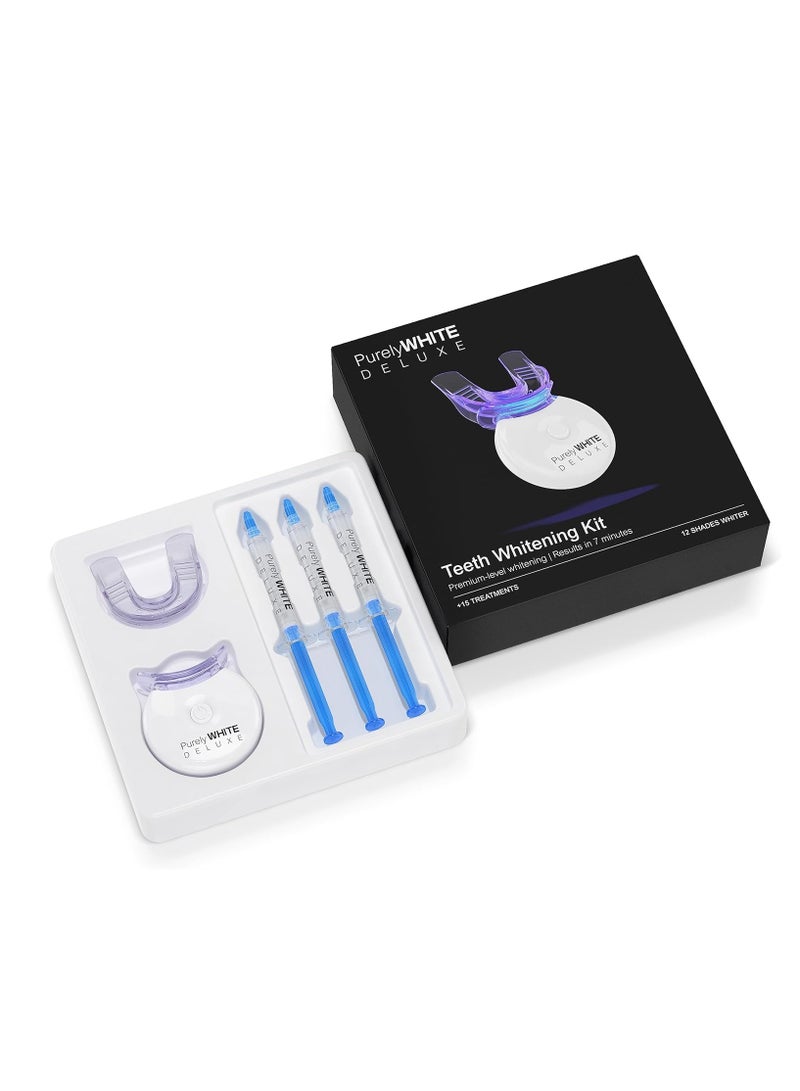 PurelyWHITE DELUXE Teeth Whitening Kit, Complete LED Teeth Whitening, 15+ Treatments, (3) 3ml Whitening Gel Syringes, Whiter Smile in 7 Minutes