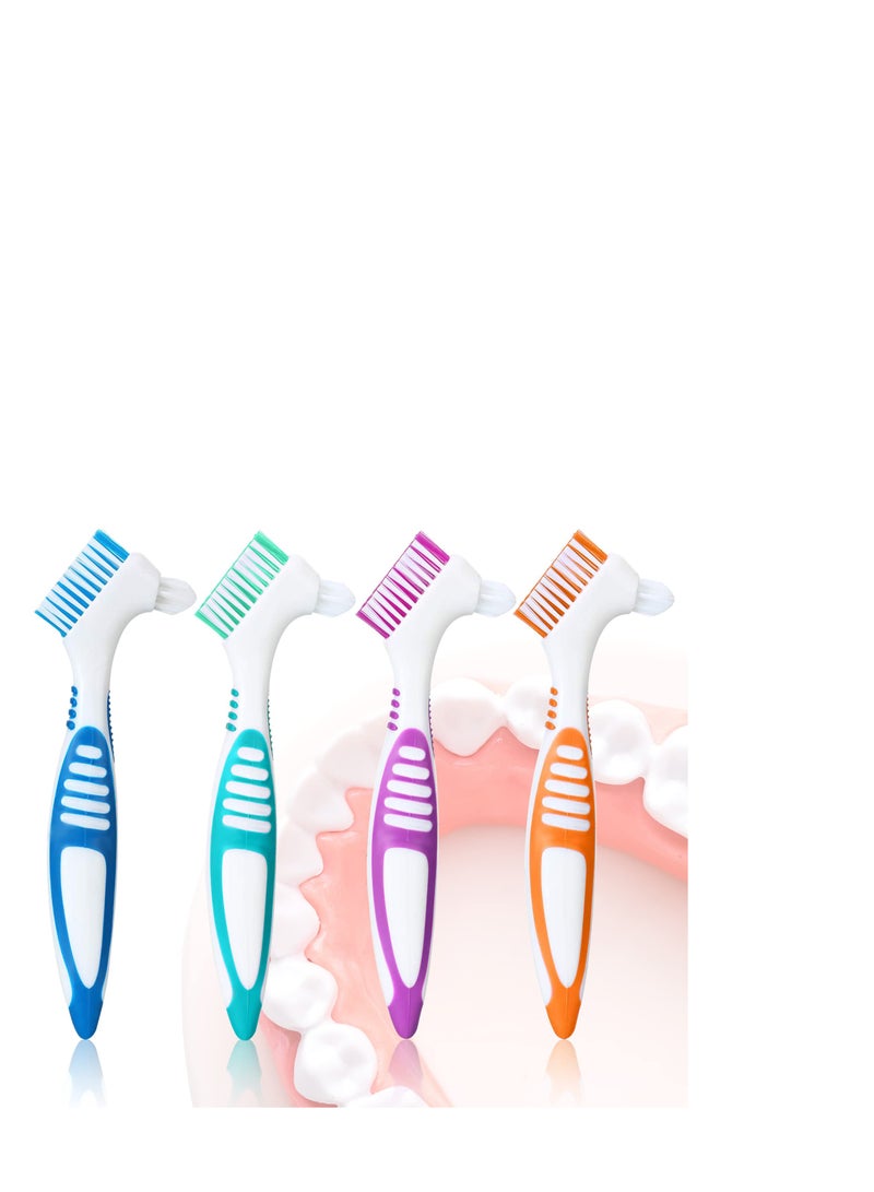 Denture Brush, 4PCS Denture Toothbrushes, Cleaning Brush Double Sided Toothbrush with Multi Layered Bristles and Rubber Anti-Slip Handle for Denture Cleaning Care Green Purple Blue Orange