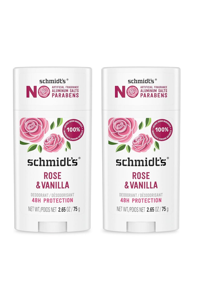 Schmidt's Aluminum-Free Vegan Deodorant Rose & Vanilla with 24 Hour Odor Protection 2 Count for Women and Men, Natural Ingredients, Cruelty-Free, 2.65 oz