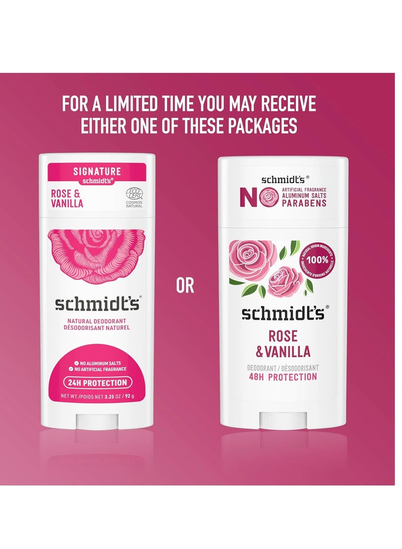 Schmidt's Aluminum-Free Vegan Deodorant Rose & Vanilla with 24 Hour Odor Protection 2 Count for Women and Men, Natural Ingredients, Cruelty-Free, 2.65 oz