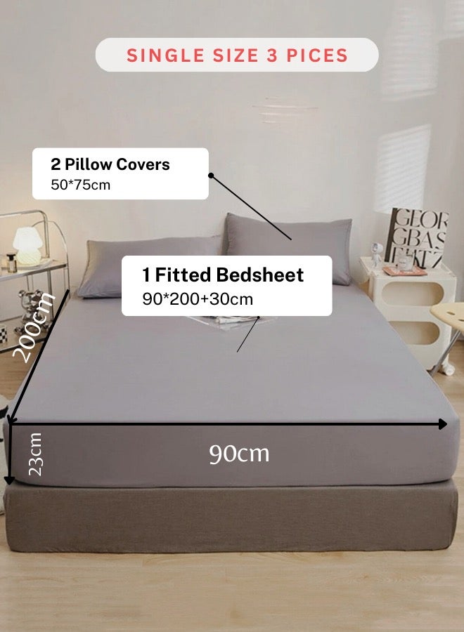 3 Pieces Fitted Bedsheet Set Plain Gray Color Various Sizes