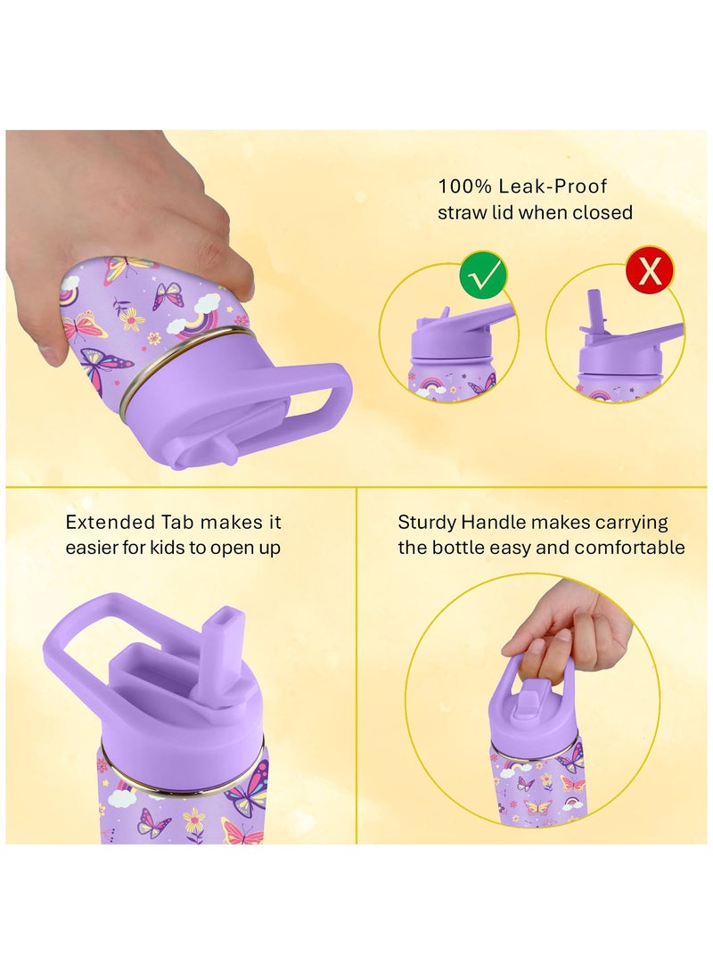 Kids Water Bottle Stainless Steel for School Girls with Straw Vacuum Insulated Water Bottle BPA-Free Leak-Proof Baby Toddler Water Bottle Double Walled Bottle for Kids – 414 ml/14 oz(Butterfly)