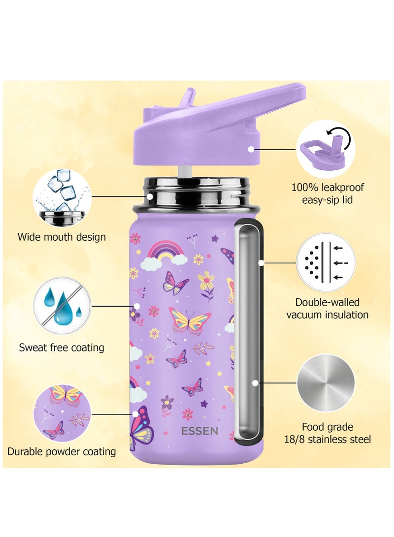 Kids Water Bottle Stainless Steel for School Girls with Straw Vacuum Insulated Water Bottle BPA-Free Leak-Proof Baby Toddler Water Bottle Double Walled Bottle for Kids – 414 ml/14 oz(Butterfly)