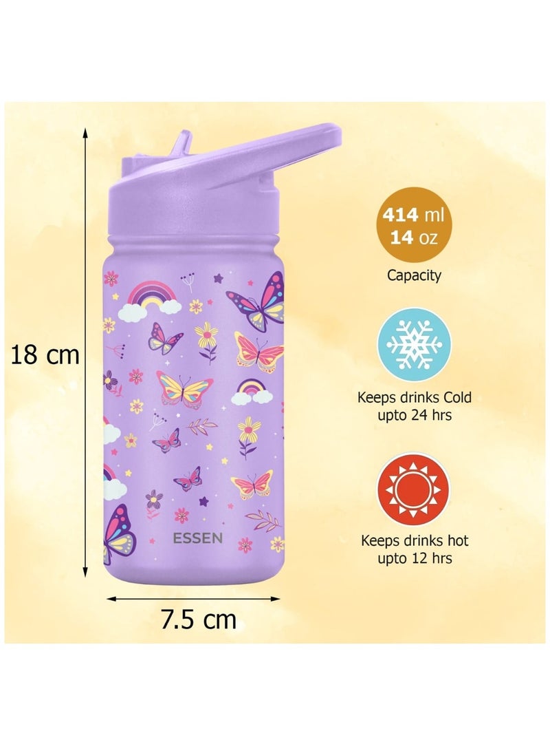 Kids Water Bottle Stainless Steel for School Girls with Straw Vacuum Insulated Water Bottle BPA-Free Leak-Proof Baby Toddler Water Bottle Double Walled Bottle for Kids – 414 ml/14 oz(Butterfly)