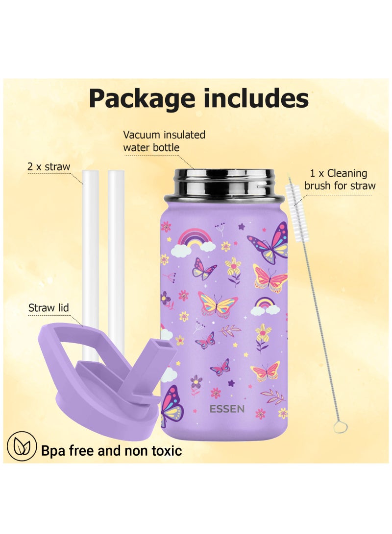 Kids Water Bottle Stainless Steel for School Girls with Straw Vacuum Insulated Water Bottle BPA-Free Leak-Proof Baby Toddler Water Bottle Double Walled Bottle for Kids – 414 ml/14 oz(Butterfly)