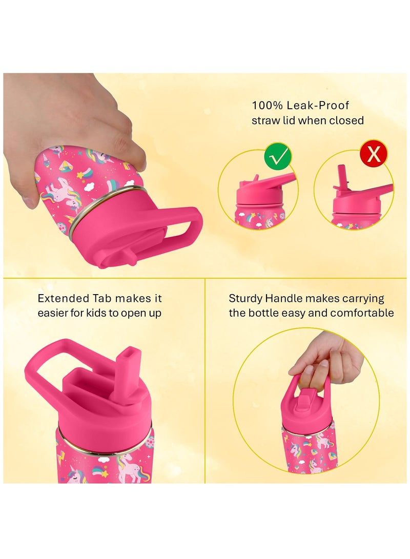 Kids Water Bottle Stainless Steel for School Girls with Straw Vacuum Insulated Water Bottle BPA-Free Leak-Proof Baby Toddler Water Bottle Double Walled Bottle for Kids – 414 ml / 14 oz(Unicorn)