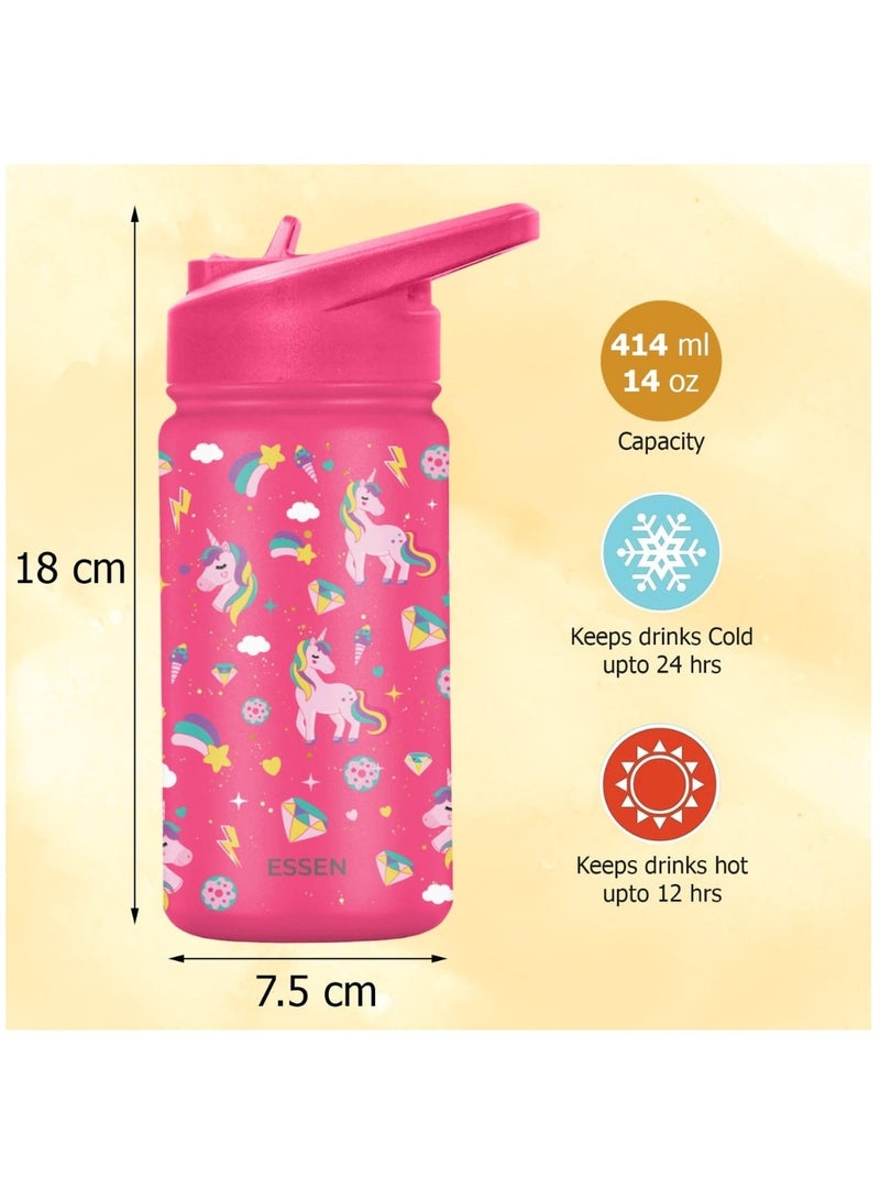 Kids Water Bottle Stainless Steel for School Girls with Straw Vacuum Insulated Water Bottle BPA-Free Leak-Proof Baby Toddler Water Bottle Double Walled Bottle for Kids – 414 ml / 14 oz(Unicorn)