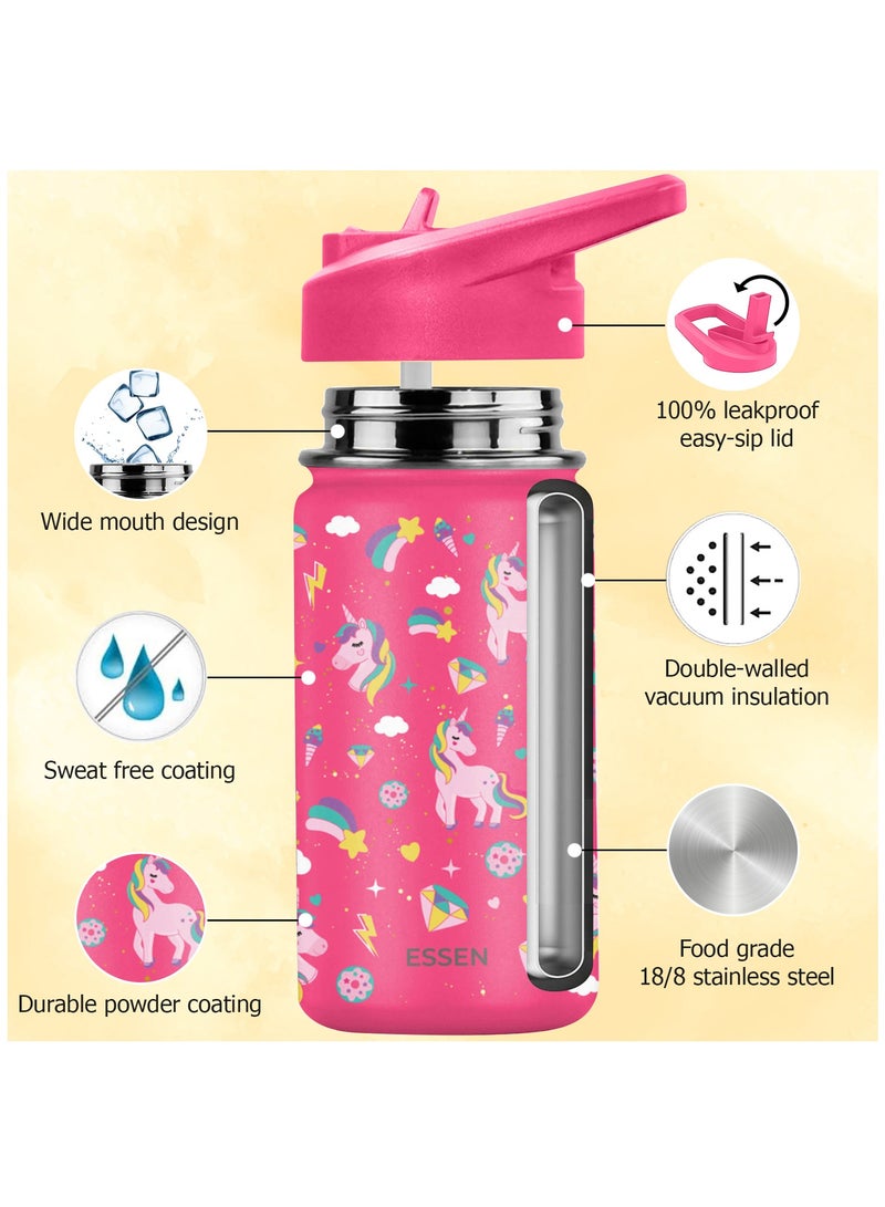Kids Water Bottle Stainless Steel for School Girls with Straw Vacuum Insulated Water Bottle BPA-Free Leak-Proof Baby Toddler Water Bottle Double Walled Bottle for Kids – 414 ml / 14 oz(Unicorn)
