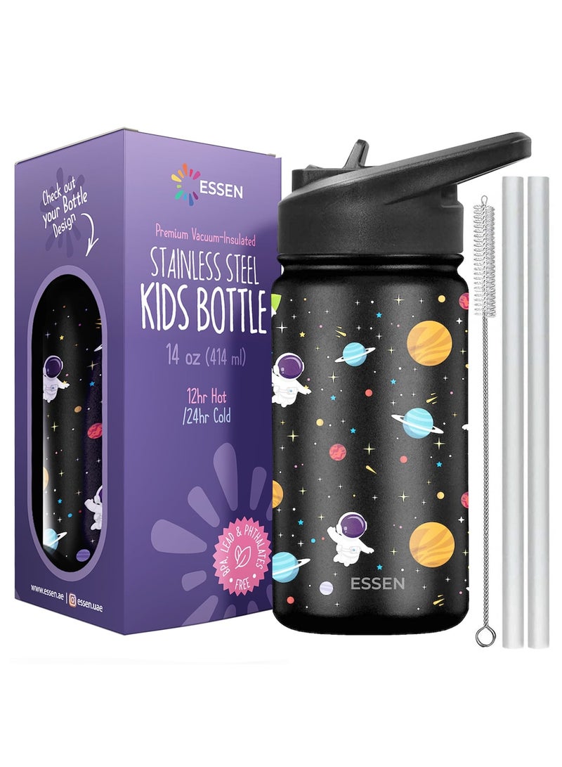 Kids Water Bottle Stainless Steel for School Boys with Straw Vacuum Insulated Water Bottle BPA-Free Leak-Proof Baby Toddler Water Bottle Double Walled Bottle for Kids – 414 ml / 14 oz (Space)