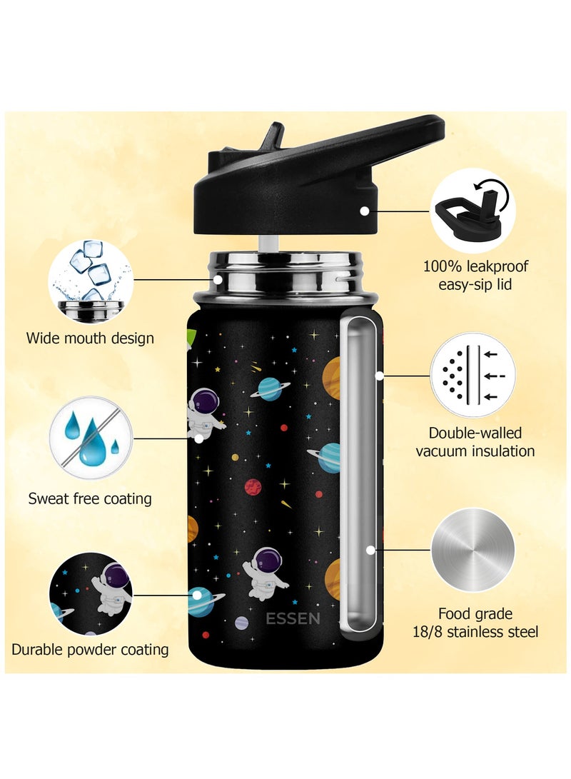 Kids Water Bottle Stainless Steel for School Boys with Straw Vacuum Insulated Water Bottle BPA-Free Leak-Proof Baby Toddler Water Bottle Double Walled Bottle for Kids – 414 ml / 14 oz (Space)