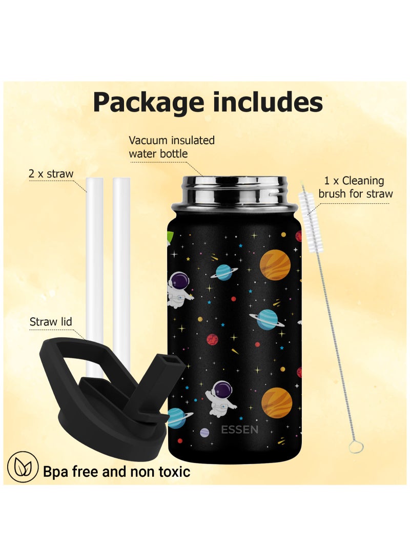 Kids Water Bottle Stainless Steel for School Boys with Straw Vacuum Insulated Water Bottle BPA-Free Leak-Proof Baby Toddler Water Bottle Double Walled Bottle for Kids – 414 ml / 14 oz (Space)