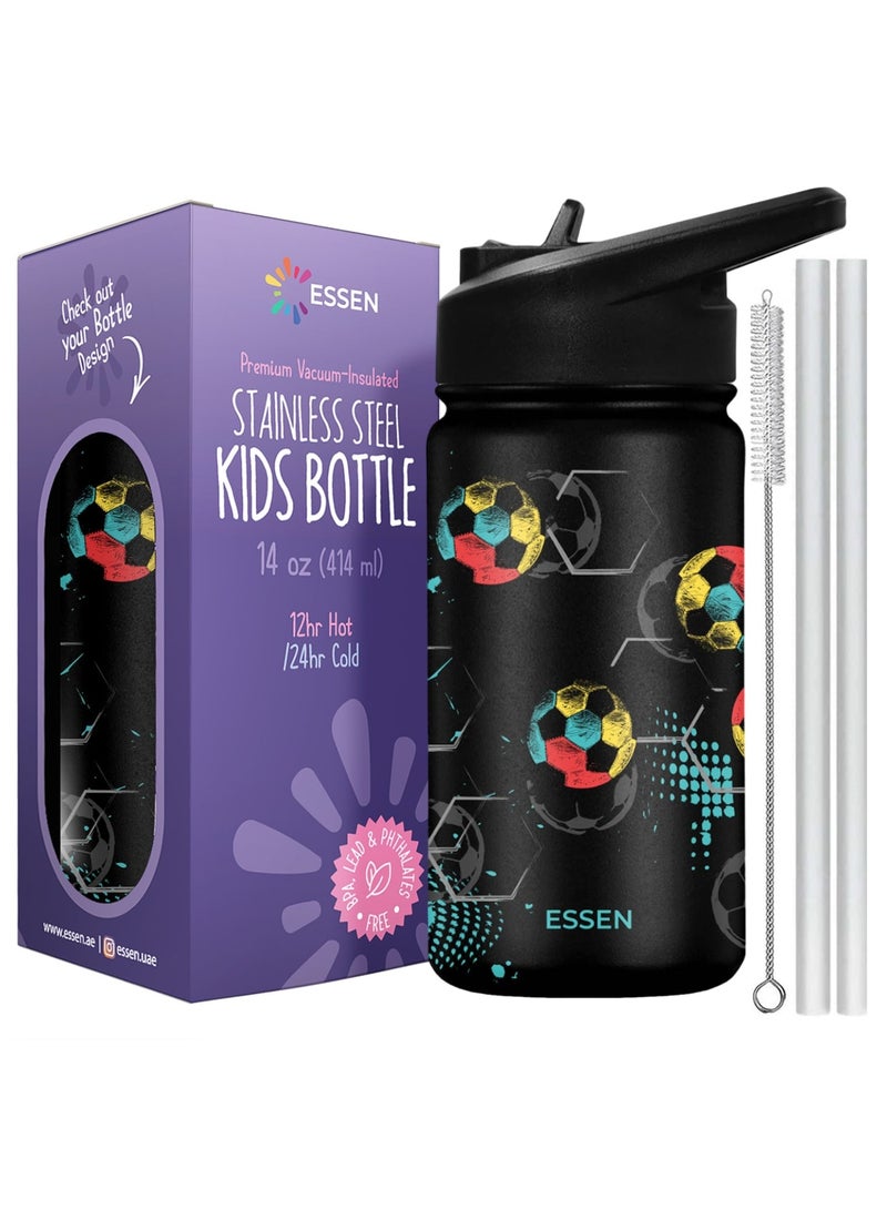 Kids Water Bottle Stainless Steel for School Boys with Straw Vacuum Insulated Water Bottle BPA-Free Leak-Proof Baby Toddler Water Bottle Double Walled Bottle for Kids – 414 ml / 14 oz(Football)