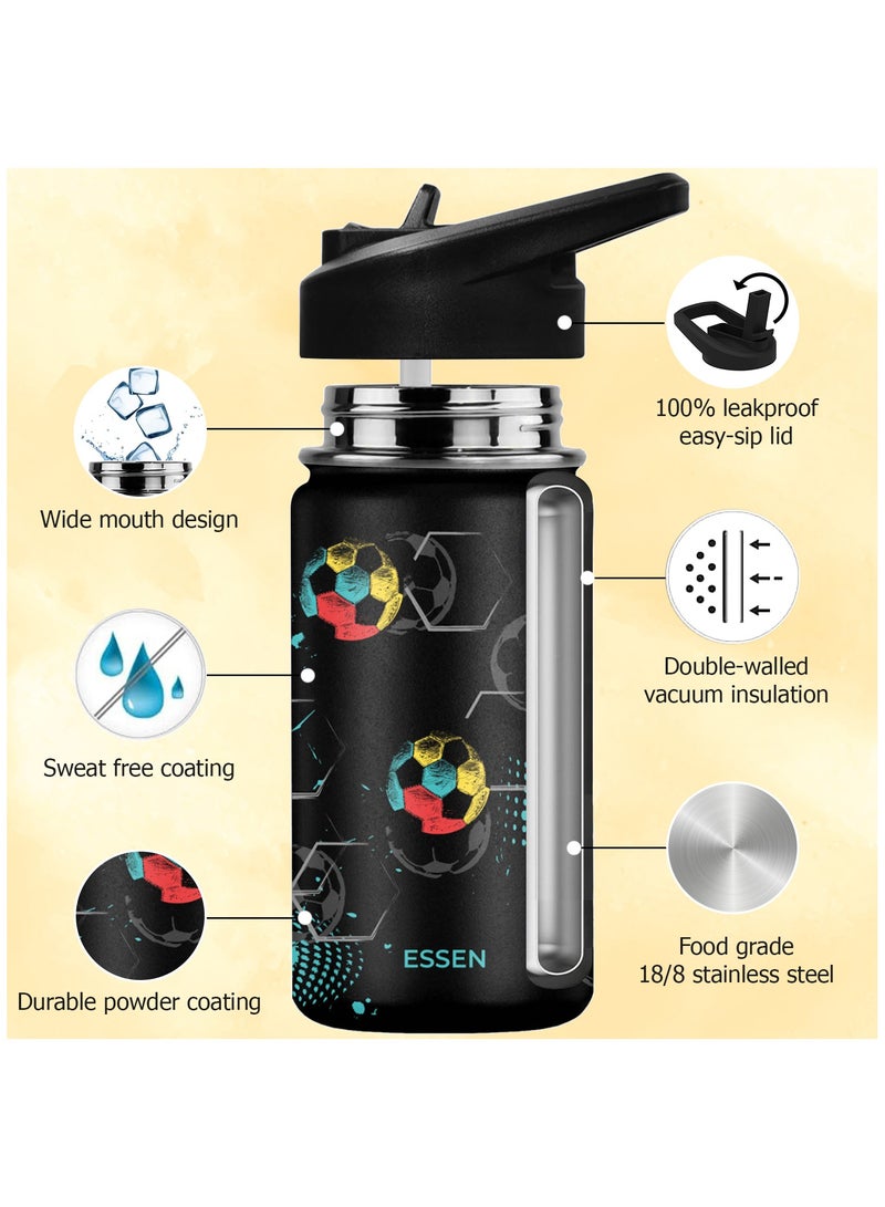 Kids Water Bottle Stainless Steel for School Boys with Straw Vacuum Insulated Water Bottle BPA-Free Leak-Proof Baby Toddler Water Bottle Double Walled Bottle for Kids – 414 ml / 14 oz(Football)