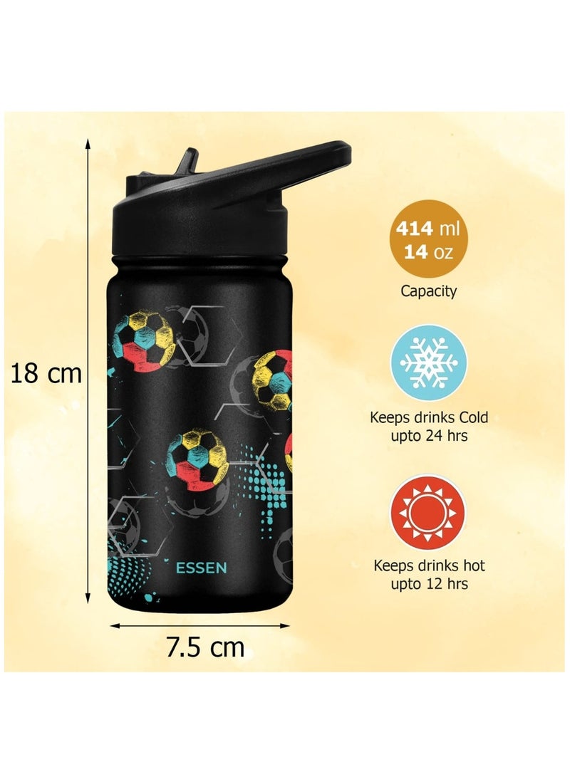 Kids Water Bottle Stainless Steel for School Boys with Straw Vacuum Insulated Water Bottle BPA-Free Leak-Proof Baby Toddler Water Bottle Double Walled Bottle for Kids – 414 ml / 14 oz(Football)