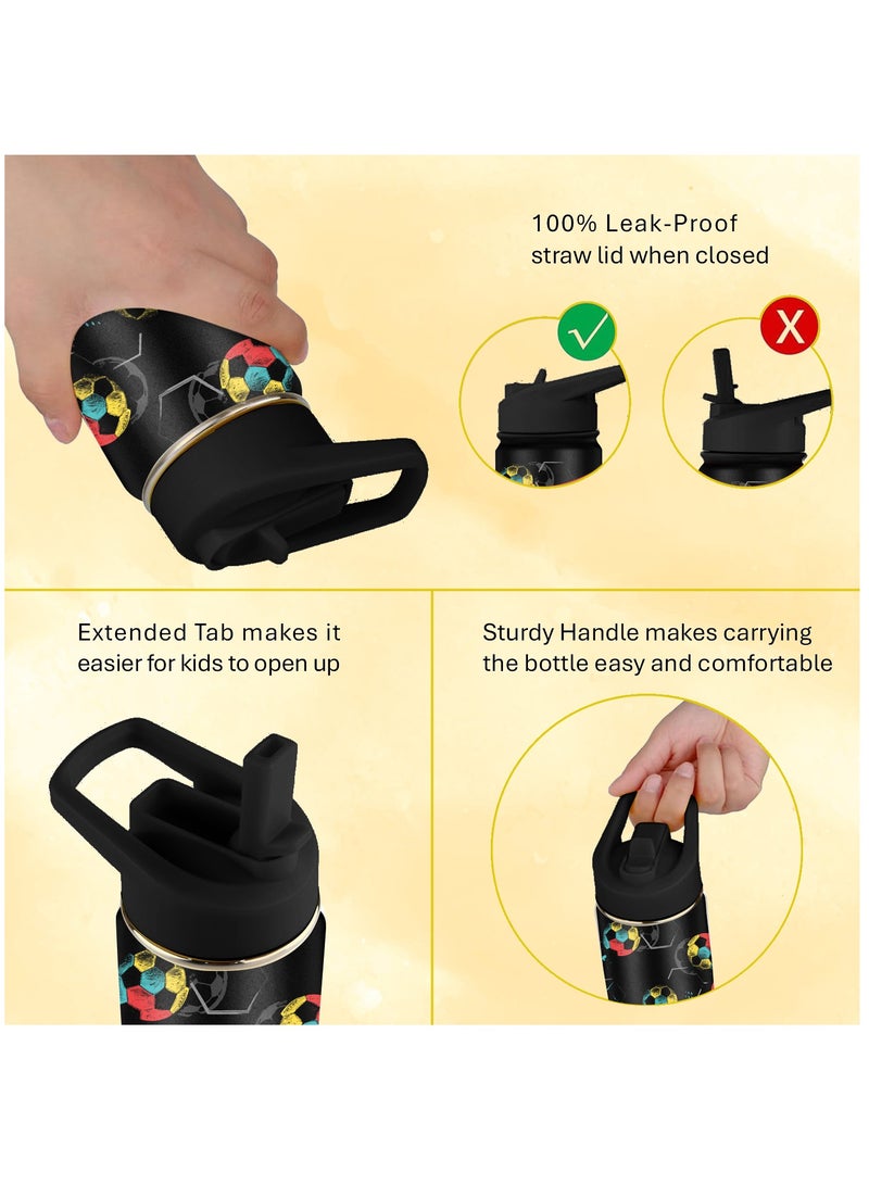 Kids Water Bottle Stainless Steel for School Boys with Straw Vacuum Insulated Water Bottle BPA-Free Leak-Proof Baby Toddler Water Bottle Double Walled Bottle for Kids – 414 ml / 14 oz(Football)