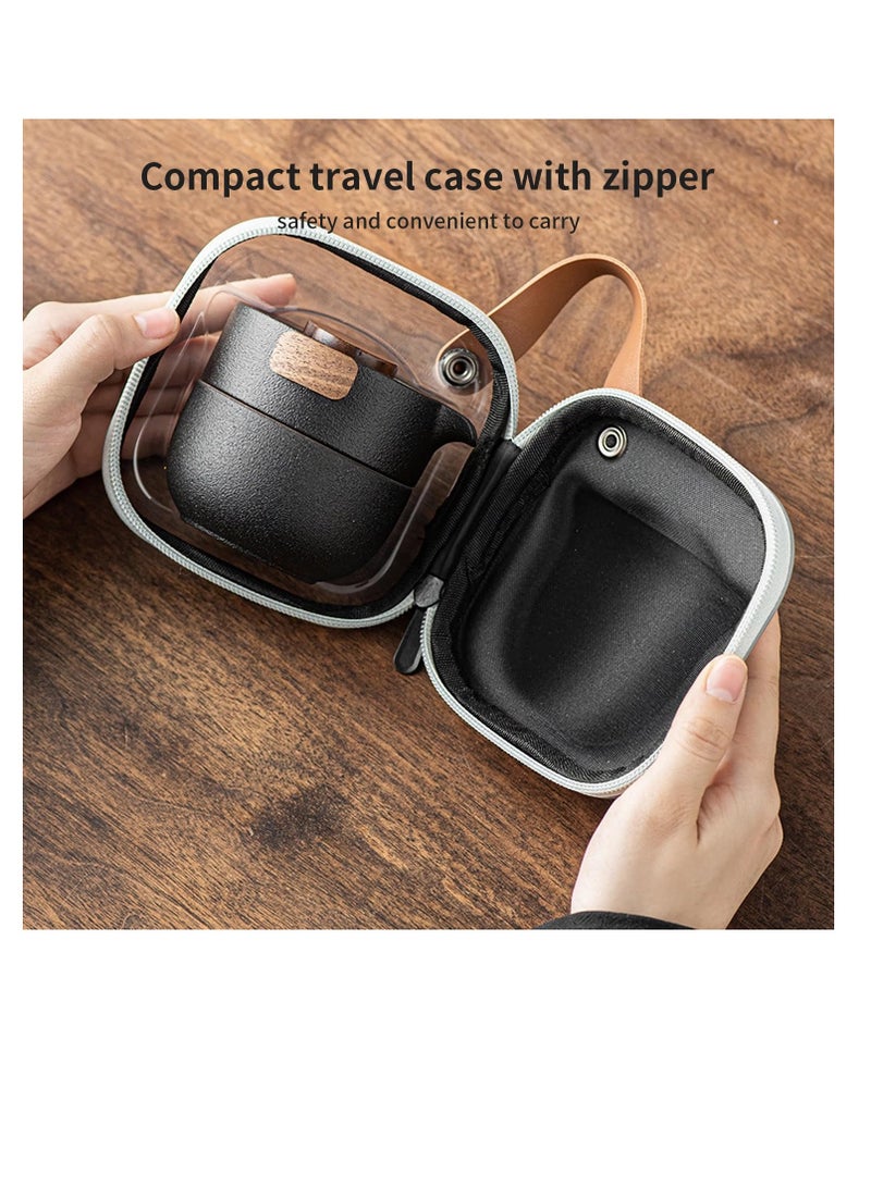 Portable Teapot Set, Portable Kung Fu Tea Set, Mini Traveling Chinese Ceramic Teapot with 3 Cups All in One Travel Bag, Ideal for Travel, Camping, Picnic, Black