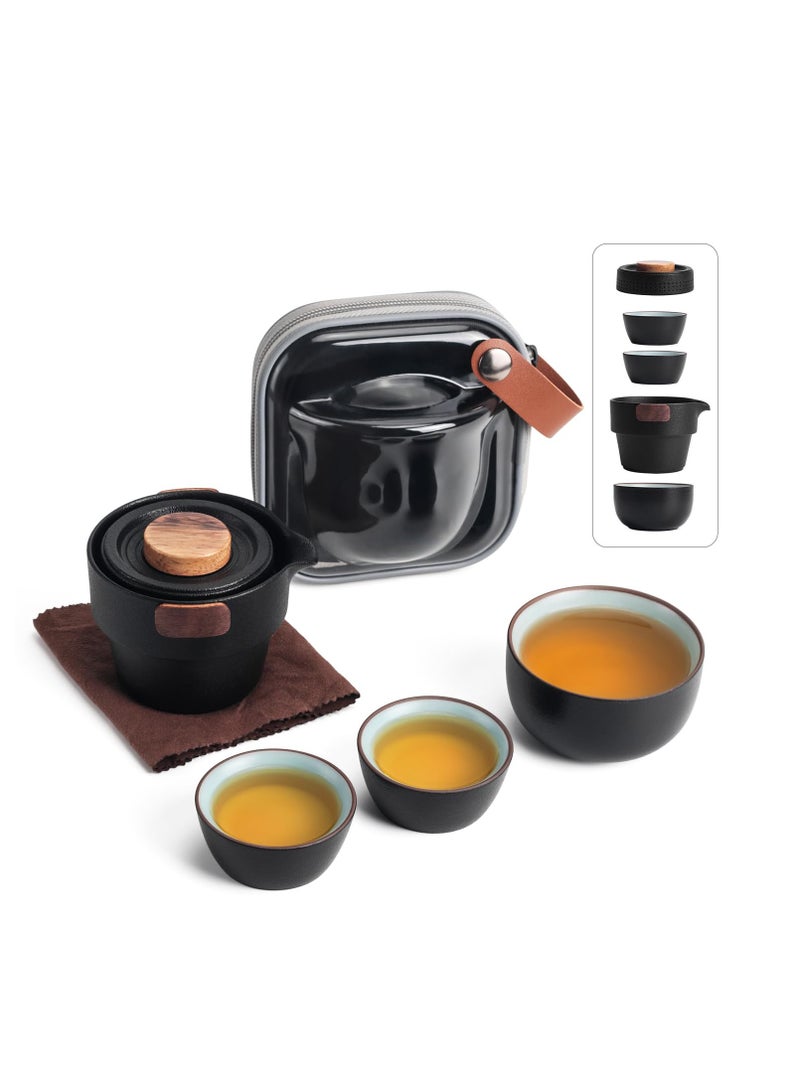 Portable Teapot Set, Portable Kung Fu Tea Set, Mini Traveling Chinese Ceramic Teapot with 3 Cups All in One Travel Bag, Ideal for Travel, Camping, Picnic, Black