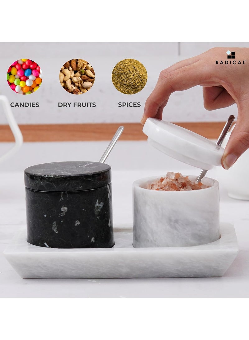 Radicaln Marble Salt Cellar With Lid Black and White Handmade Set of 2 Salt and Pepper Bowl Box With Marble Tray - Spice & Salt Storages For Kitchen Rack - Spices Container Set For Home