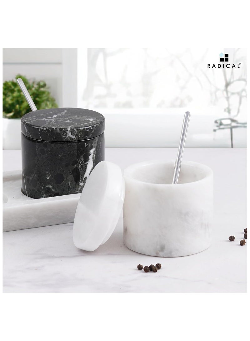 Radicaln Marble Salt Cellar With Lid Black and White Handmade Set of 2 Salt and Pepper Bowl Box With Marble Tray - Spice & Salt Storages For Kitchen Rack - Spices Container Set For Home