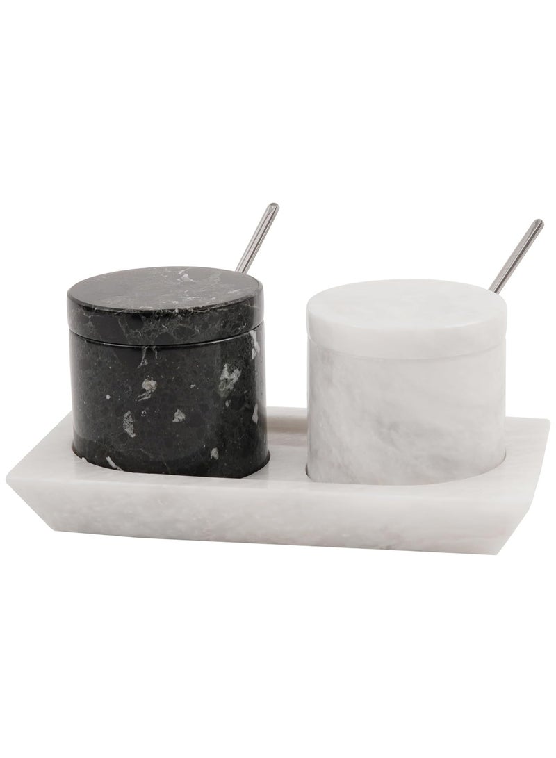 Radicaln Marble Salt Cellar With Lid Black and White Handmade Set of 2 Salt and Pepper Bowl Box With Marble Tray - Spice & Salt Storages For Kitchen Rack - Spices Container Set For Home