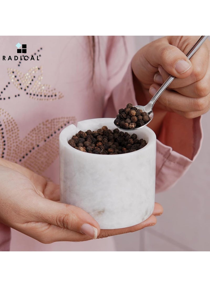 Radicaln Marble Salt Cellar With Lid Black and White Handmade Set of 2 Salt and Pepper Bowl Box With Marble Tray - Spice & Salt Storages For Kitchen Rack - Spices Container Set For Home