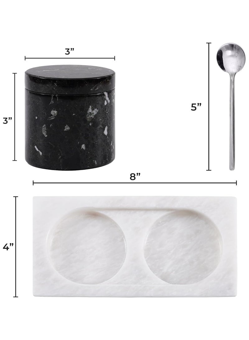 Radicaln Marble Salt Cellar With Lid Black and White Handmade Set of 2 Salt and Pepper Bowl Box With Marble Tray - Spice & Salt Storages For Kitchen Rack - Spices Container Set For Home