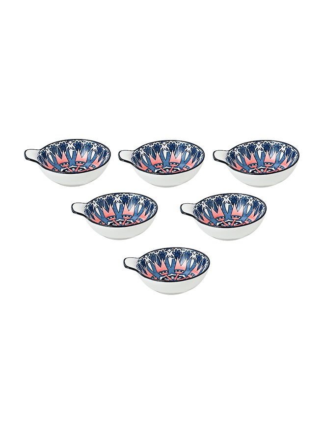6-Piece Hand-Painted Bowl With Handle Dark Blue/White 11.2x9.5x4cm