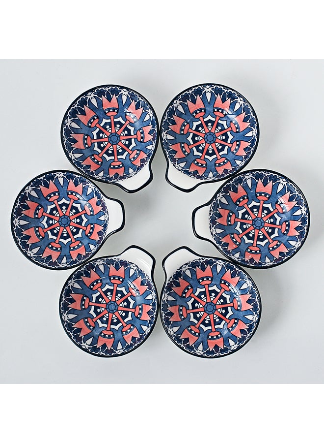 6-Piece Hand-Painted Bowl With Handle Dark Blue/White 11.2x9.5x4cm
