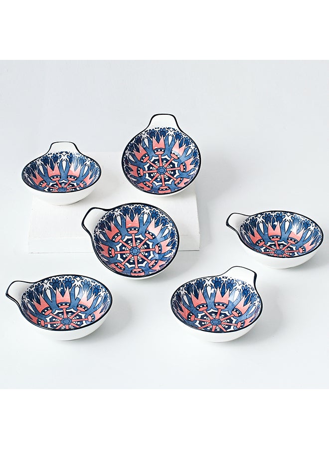 6-Piece Hand-Painted Bowl With Handle Dark Blue/White 11.2x9.5x4cm