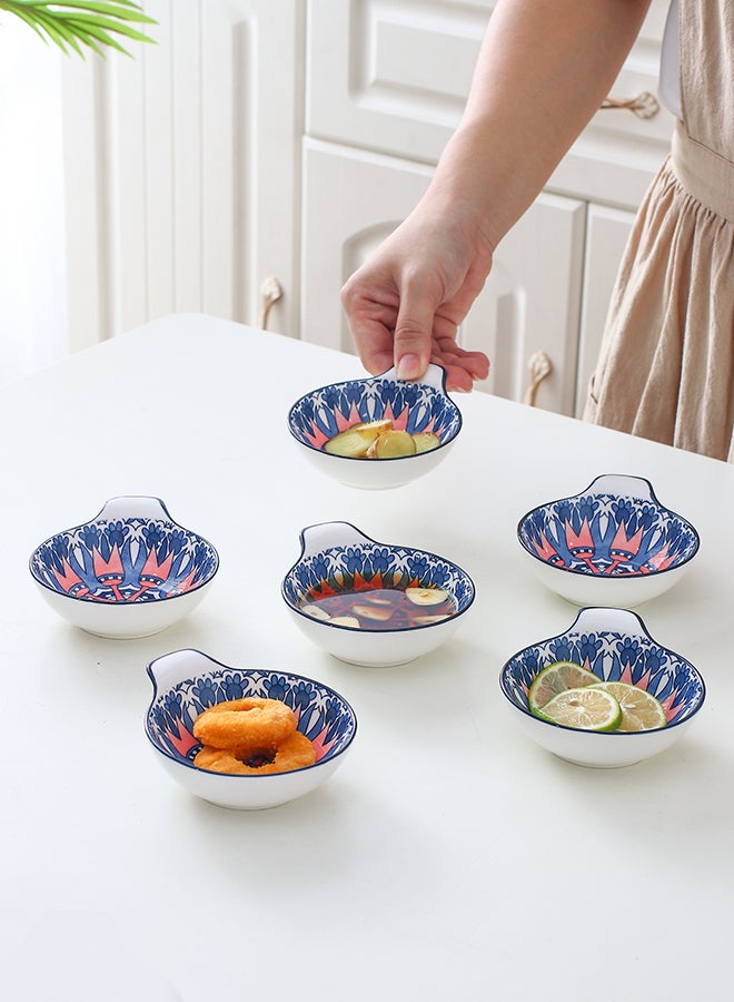 6-Piece Hand-Painted Bowl With Handle Dark Blue/White 11.2x9.5x4cm